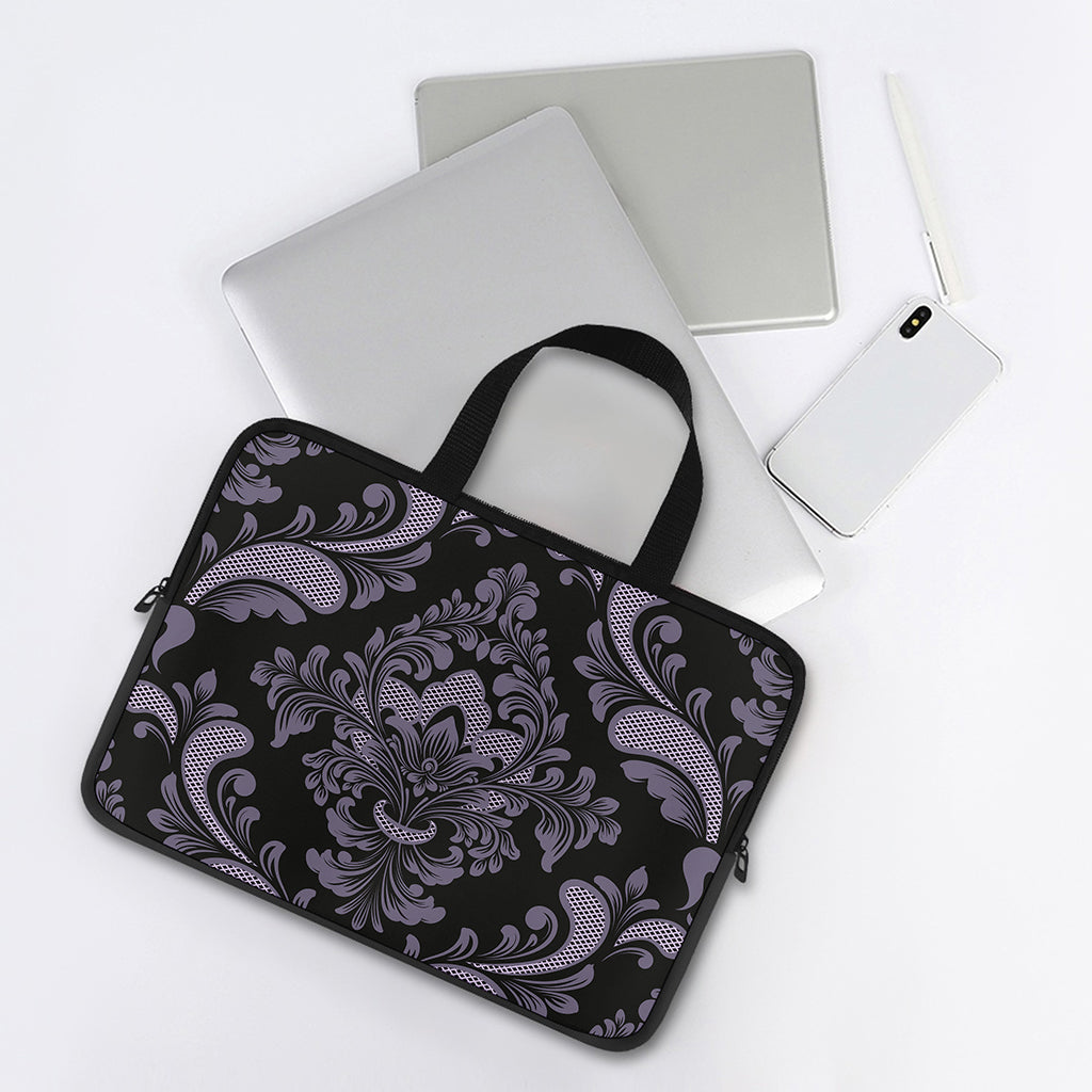Black And Purple Damask Pattern Print Laptop Sleeve With Handle