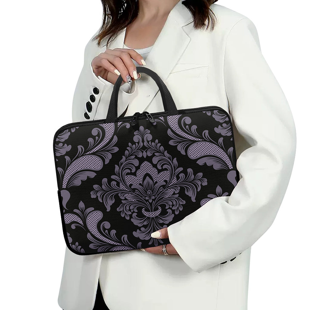 Black And Purple Damask Pattern Print Laptop Sleeve With Handle