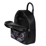 Black And Purple Damask Pattern Print Leather Backpack