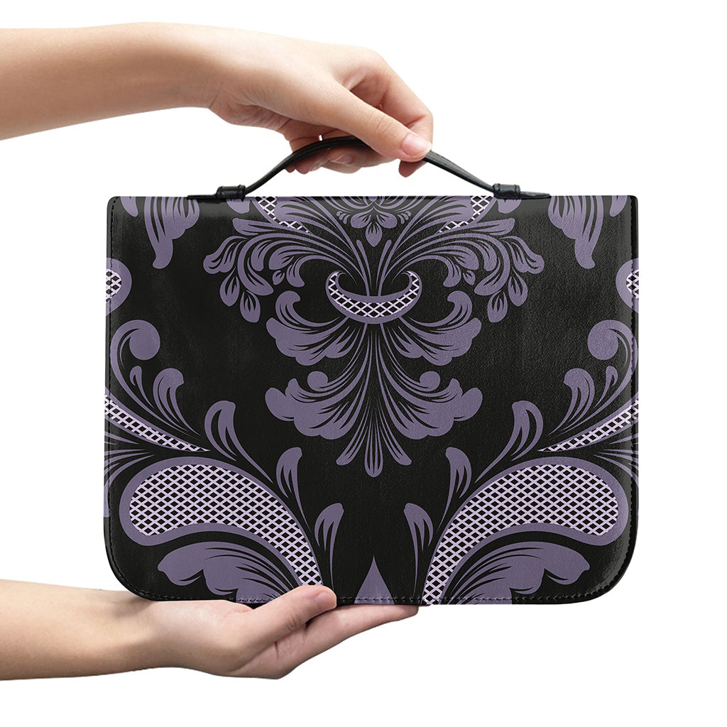 Black And Purple Damask Pattern Print Leather Bible Cover