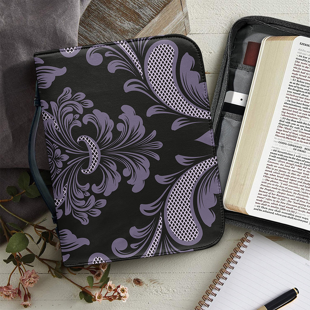 Black And Purple Damask Pattern Print Leather Bible Cover