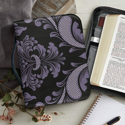 Black And Purple Damask Pattern Print Leather Bible Cover