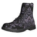 Black And Purple Damask Pattern Print Lace-Up Boots