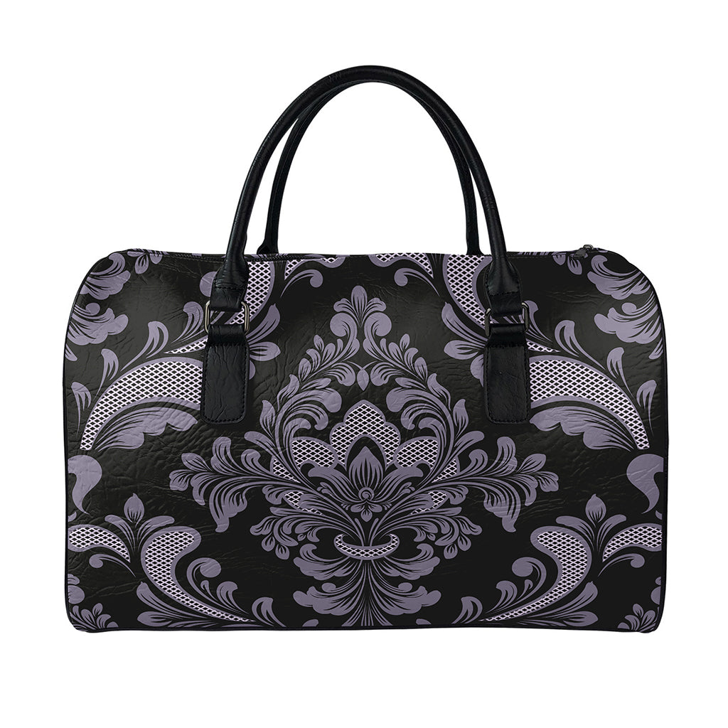 Black And Purple Damask Pattern Print Leather Duffle Bag