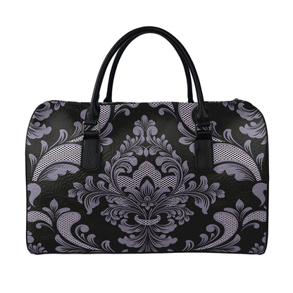 Black And Purple Damask Pattern Print Leather Duffle Bag