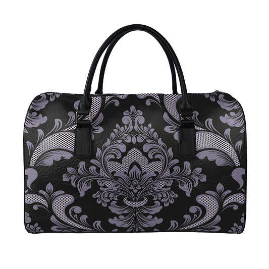 Black And Purple Damask Pattern Print Leather Duffle Bag