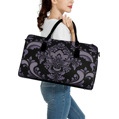 Black And Purple Damask Pattern Print Leather Duffle Bag