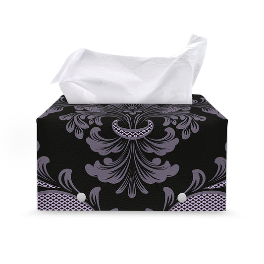 Black And Purple Damask Pattern Print Leather Tissue Box Cover
