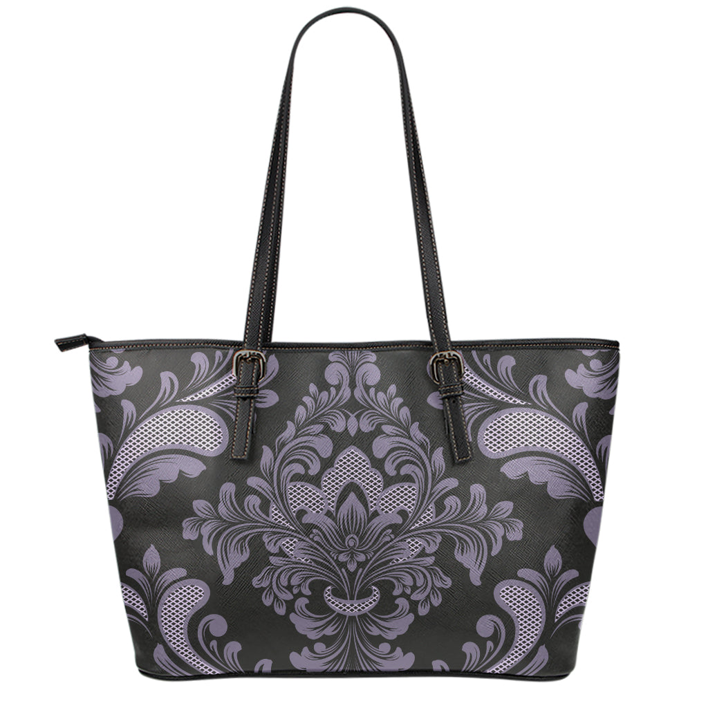 Black And Purple Damask Pattern Print Leather Tote Bag