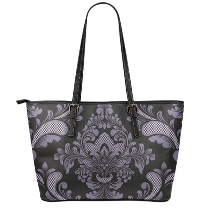 Black And Purple Damask Pattern Print Leather Tote Bag