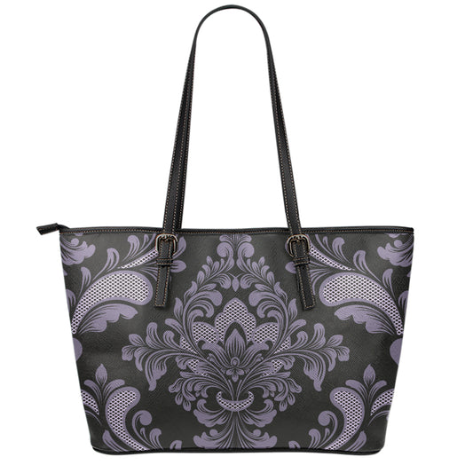 Black And Purple Damask Pattern Print Leather Tote Bag