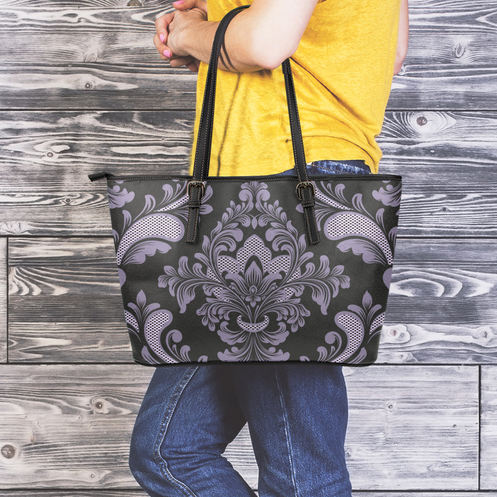 Black And Purple Damask Pattern Print Leather Tote Bag