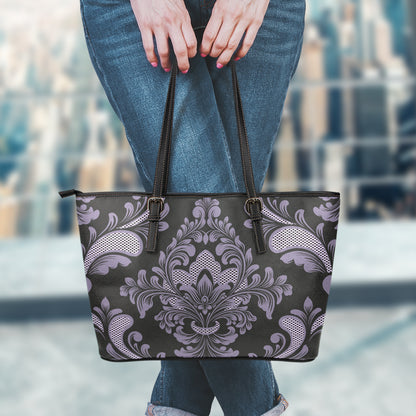 Black And Purple Damask Pattern Print Leather Tote Bag