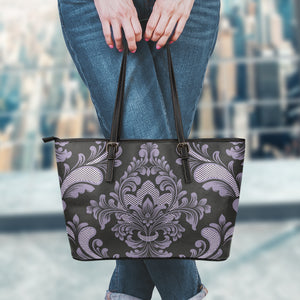 Black And Purple Damask Pattern Print Leather Tote Bag