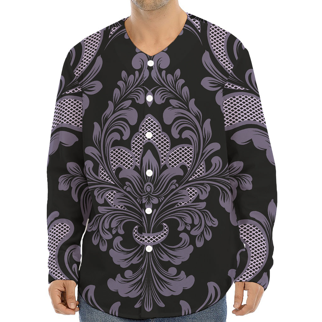 Black And Purple Damask Pattern Print Long Sleeve Baseball Jersey