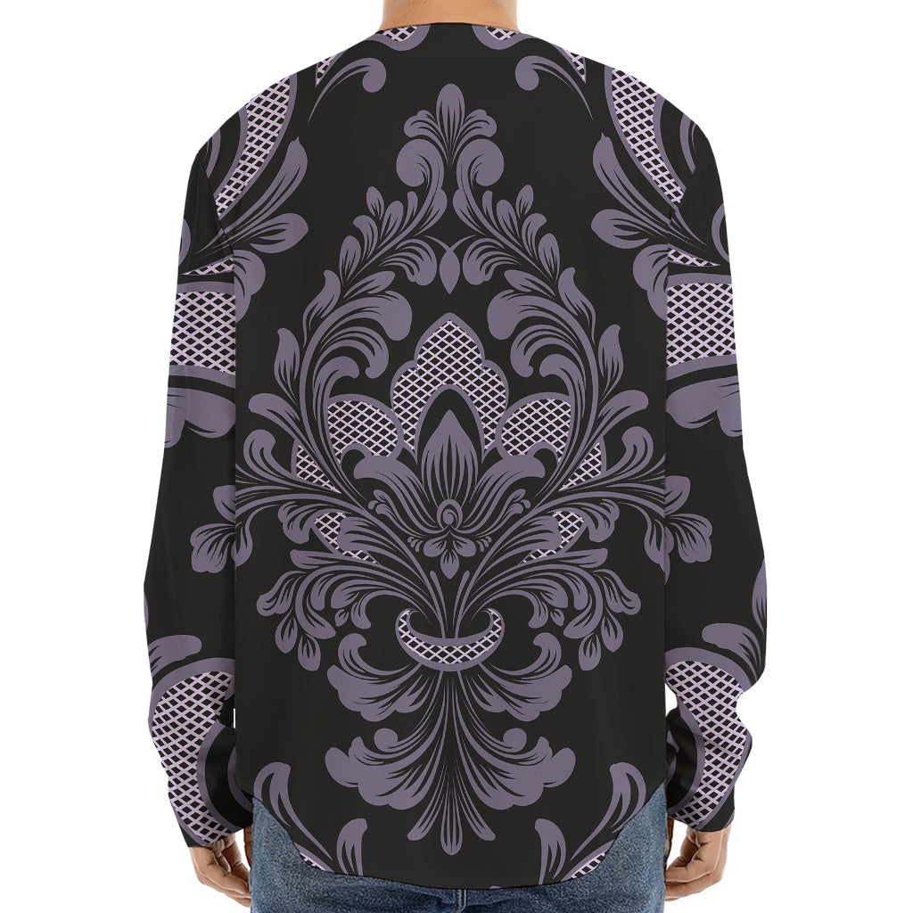 Black And Purple Damask Pattern Print Long Sleeve Baseball Jersey