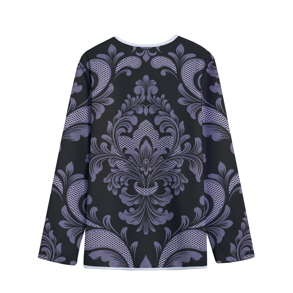 Black And Purple Damask Pattern Print Long Sleeve Short Coat