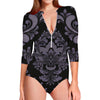 Black And Purple Damask Pattern Print Long Sleeve Swimsuit