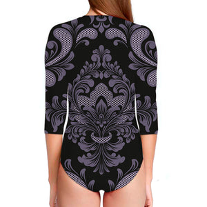 Black And Purple Damask Pattern Print Long Sleeve Swimsuit