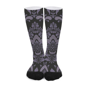 Black And Purple Damask Pattern Print Long Socks