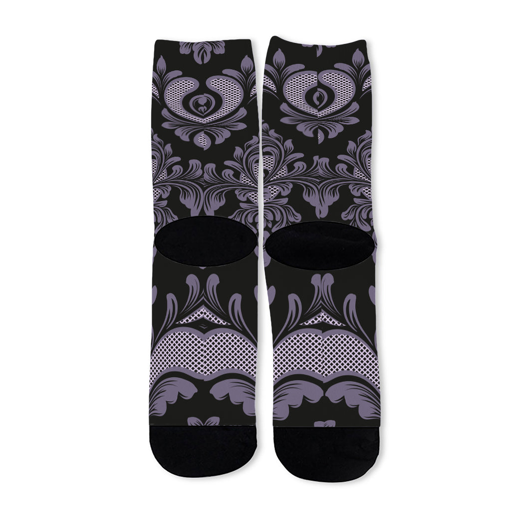 Black And Purple Damask Pattern Print Long Socks