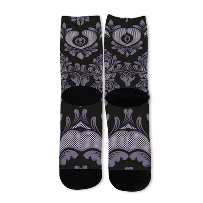 Black And Purple Damask Pattern Print Long Socks