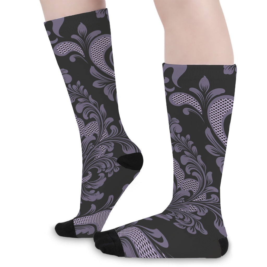 Black And Purple Damask Pattern Print Long Socks