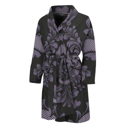 Black And Purple Damask Pattern Print Men's Bathrobe