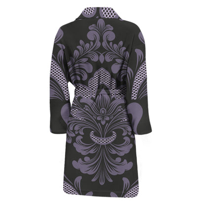 Black And Purple Damask Pattern Print Men's Bathrobe