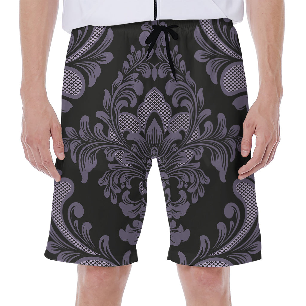 Black And Purple Damask Pattern Print Men's Beach Shorts