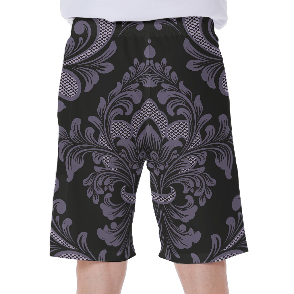 Black And Purple Damask Pattern Print Men's Beach Shorts