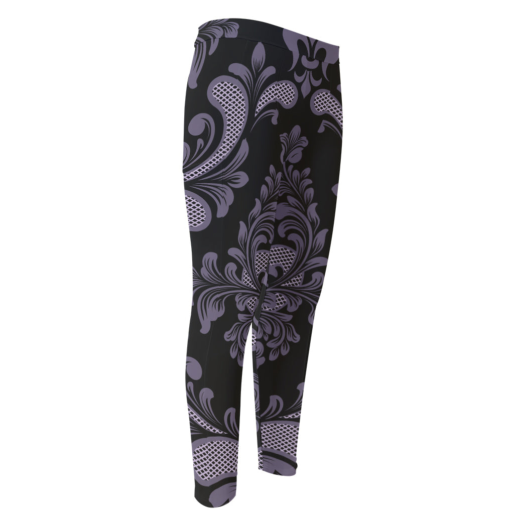 Black And Purple Damask Pattern Print Men's Compression Pants