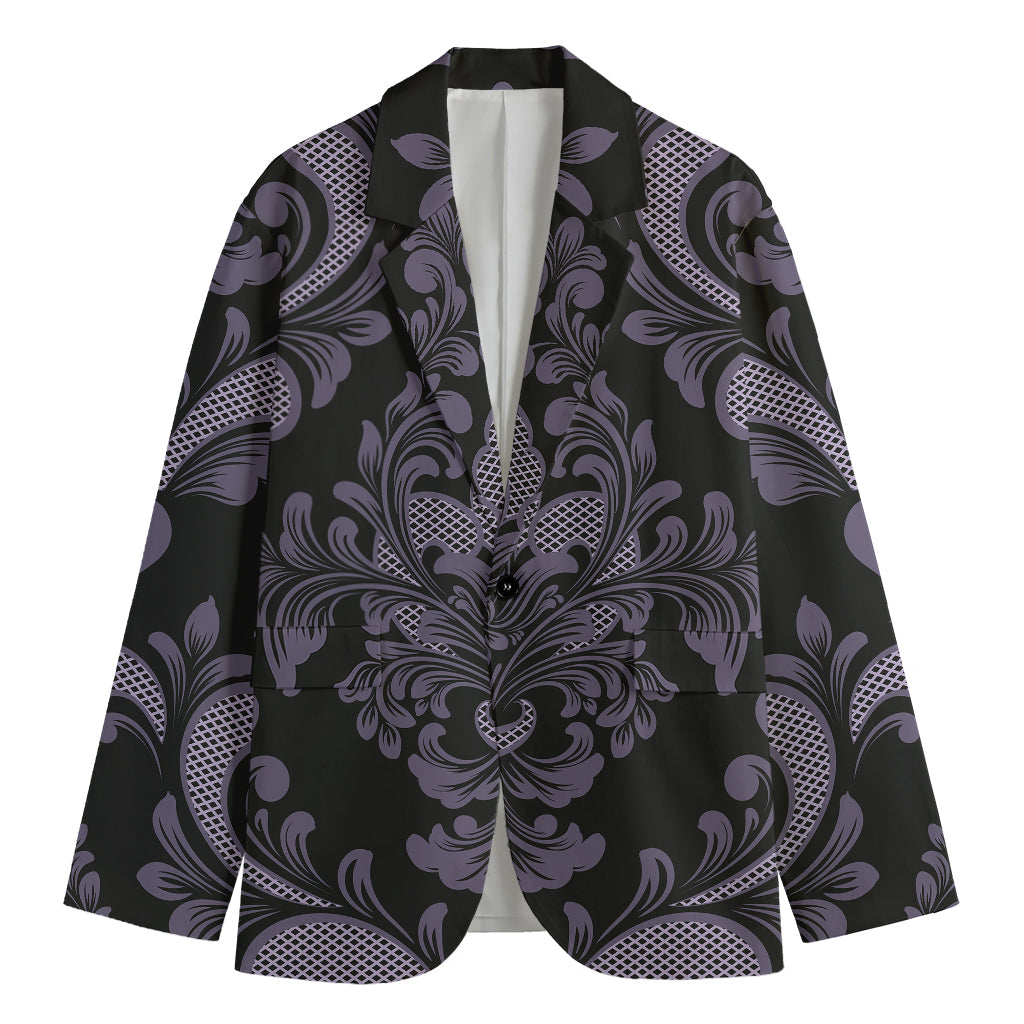 Black And Purple Damask Pattern Print Men's Cotton Blazer