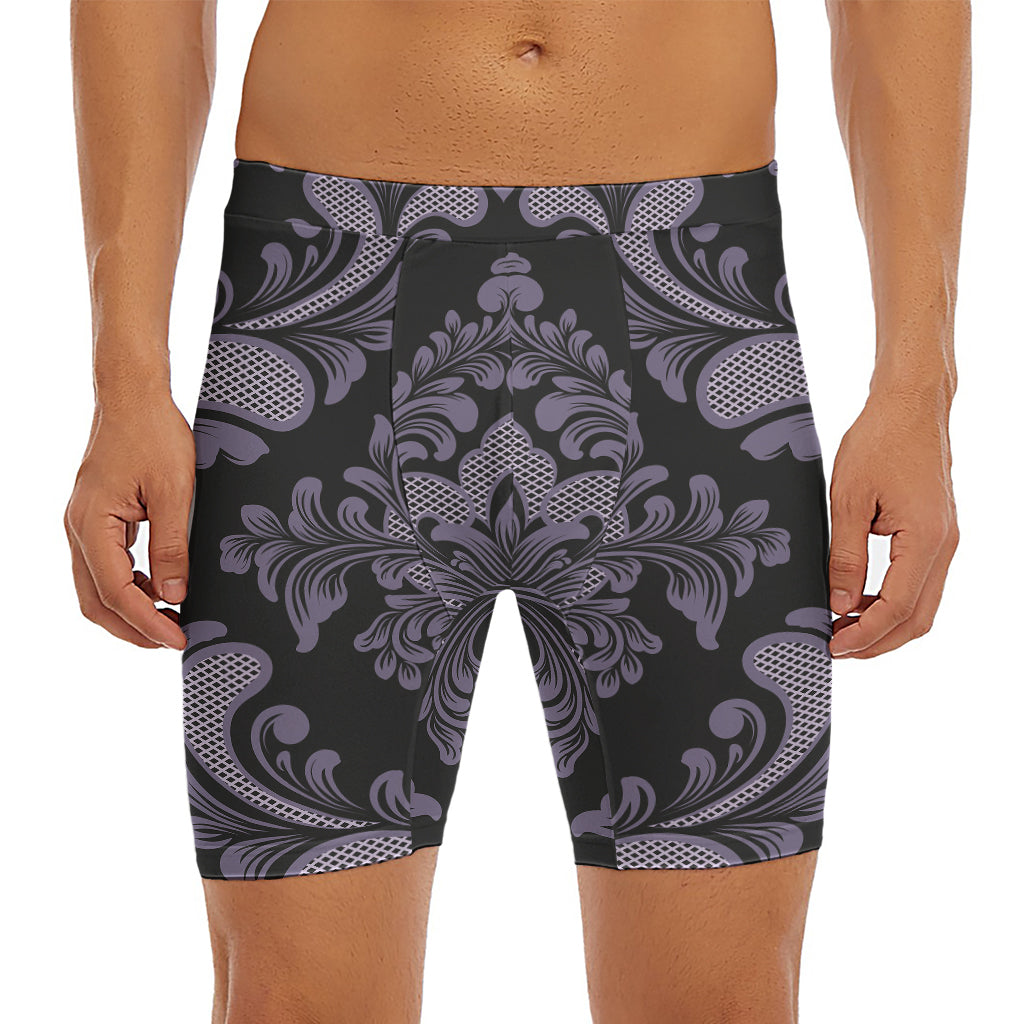 Black And Purple Damask Pattern Print Men's Long Boxer Briefs