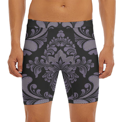 Black And Purple Damask Pattern Print Men's Long Boxer Briefs
