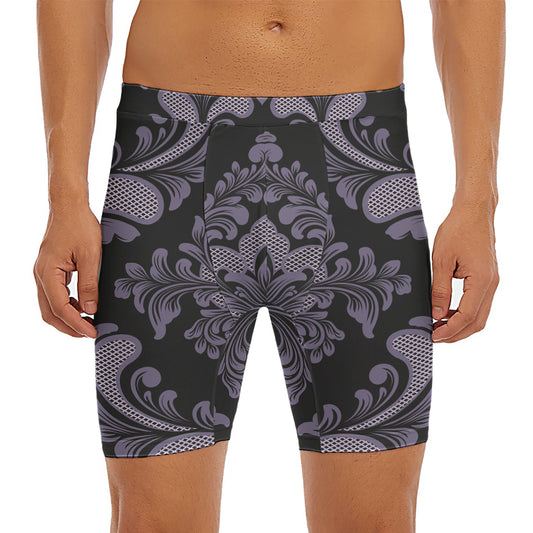Black And Purple Damask Pattern Print Men's Long Boxer Briefs