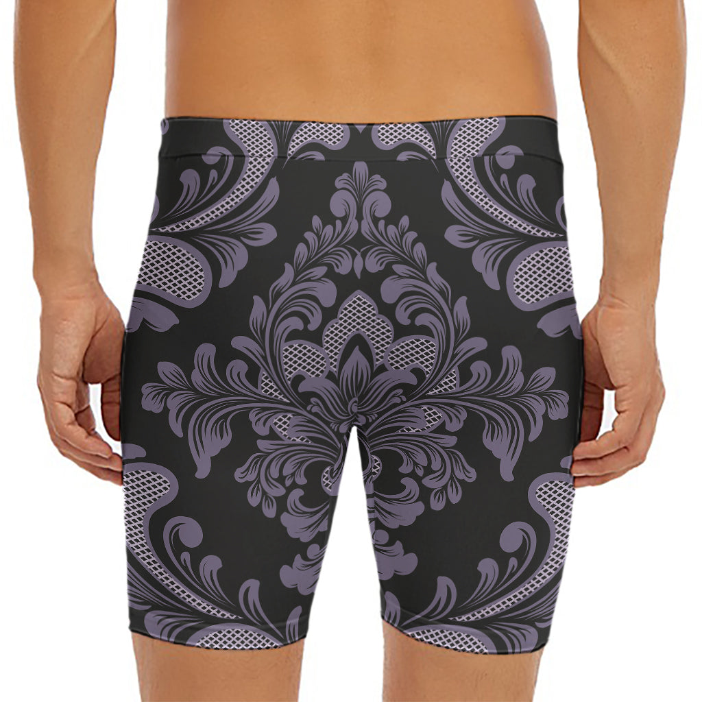 Black And Purple Damask Pattern Print Men's Long Boxer Briefs