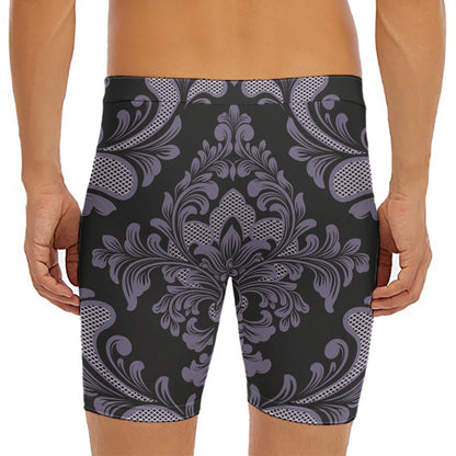 Black And Purple Damask Pattern Print Men's Long Boxer Briefs