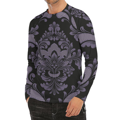 Black And Purple Damask Pattern Print Men's Long Sleeve Rash Guard