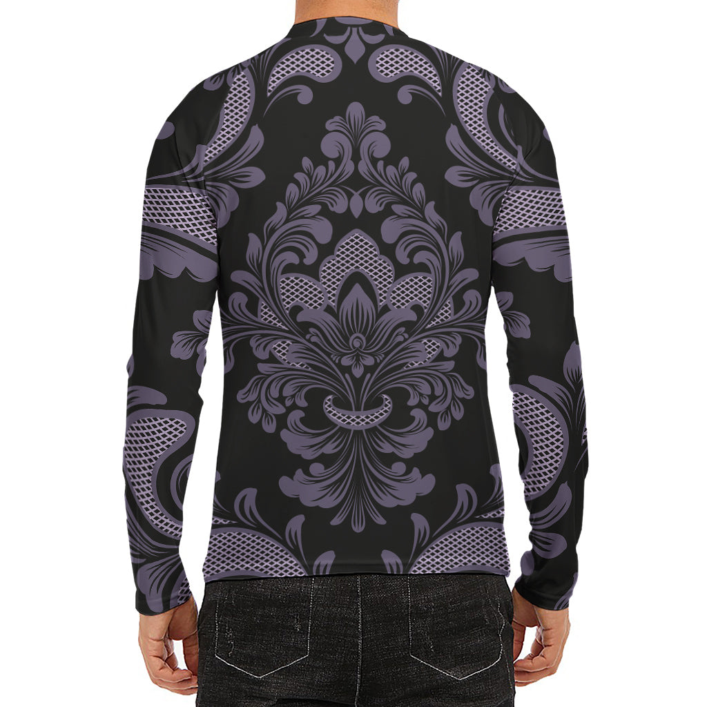 Black And Purple Damask Pattern Print Men's Long Sleeve Rash Guard