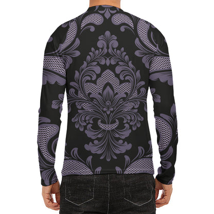 Black And Purple Damask Pattern Print Men's Long Sleeve Rash Guard