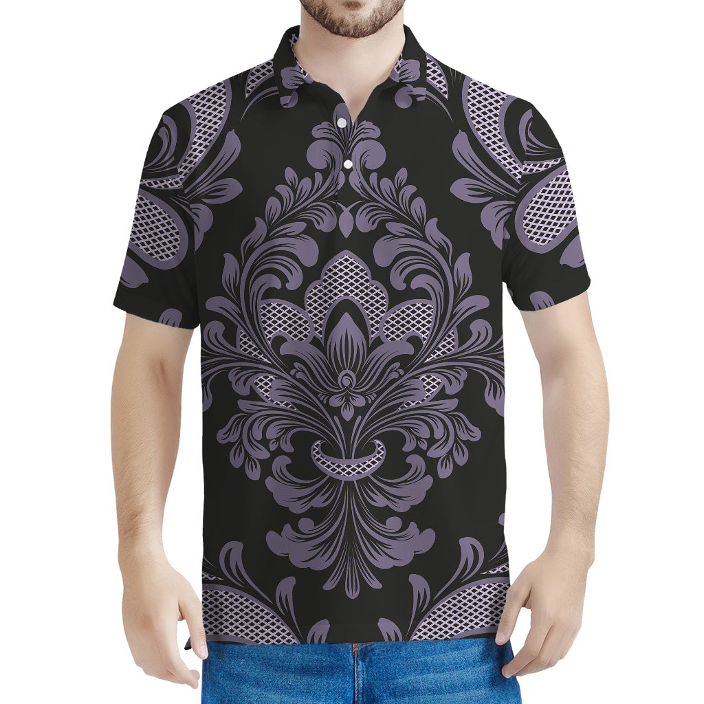 Black And Purple Damask Pattern Print Men's Polo Shirt