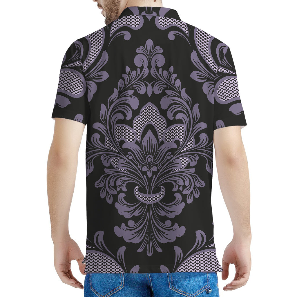 Black And Purple Damask Pattern Print Men's Polo Shirt