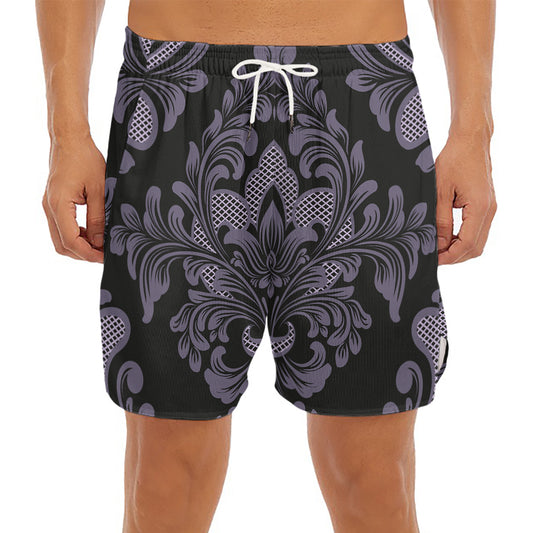Black And Purple Damask Pattern Print Men's Split Running Shorts