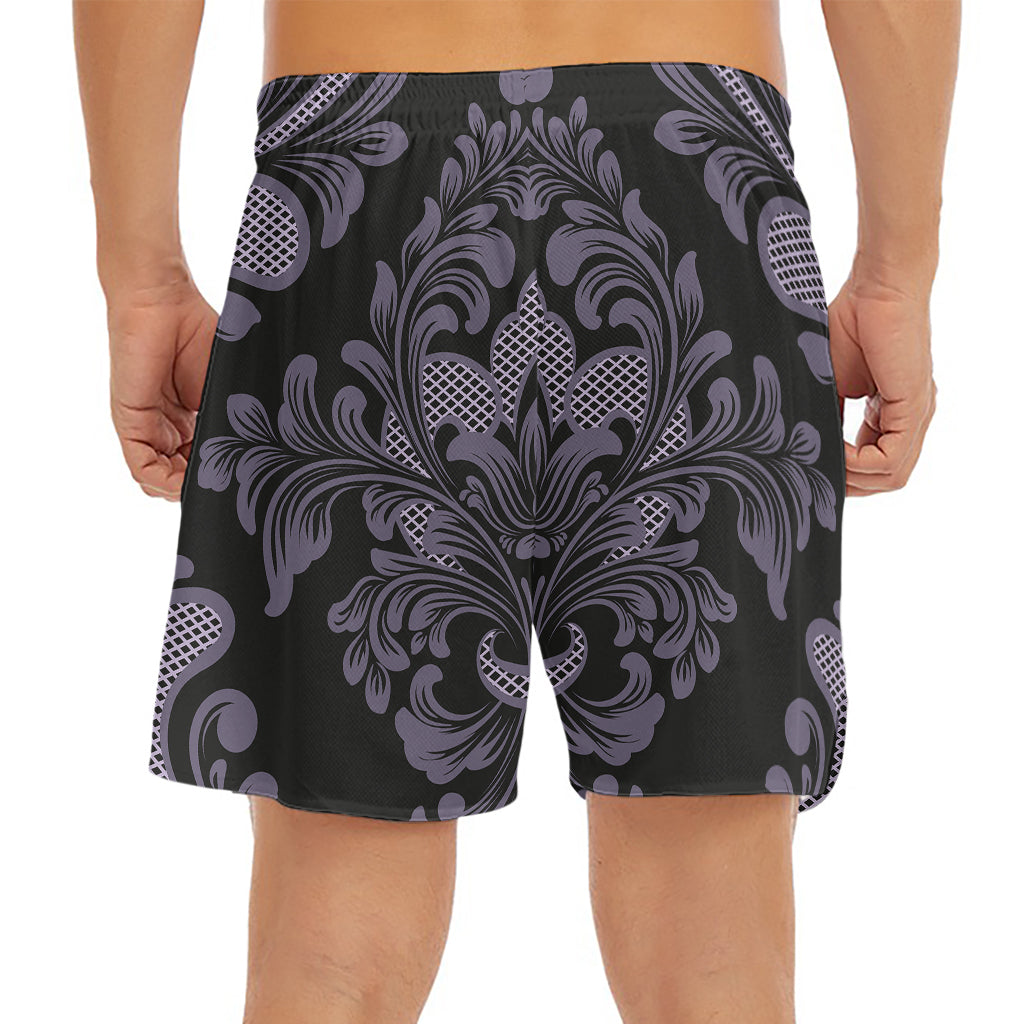 Black And Purple Damask Pattern Print Men's Split Running Shorts