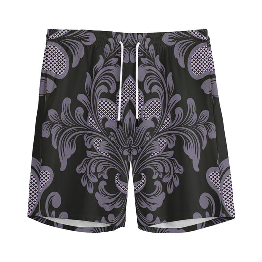 Black And Purple Damask Pattern Print Men's Sports Shorts