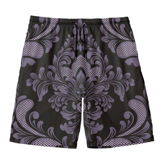 Black And Purple Damask Pattern Print Men's Swim Trunks