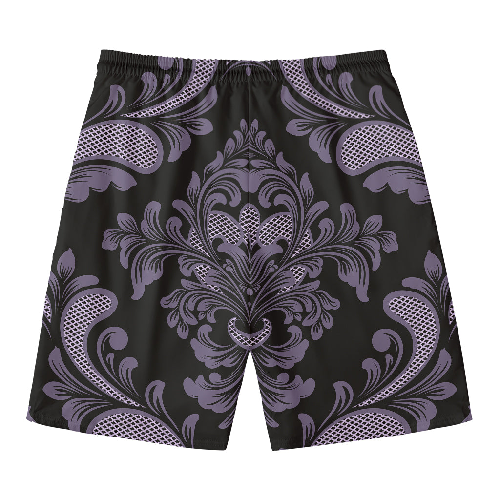 Black And Purple Damask Pattern Print Men's Swim Trunks