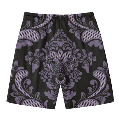 Black And Purple Damask Pattern Print Men's Swim Trunks