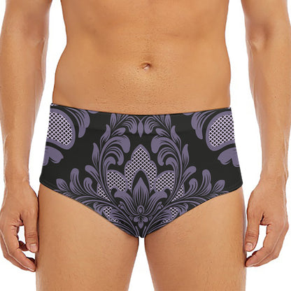 Black And Purple Damask Pattern Print Men's Triangle Swim Briefs